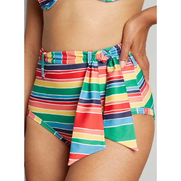 ModCloth XL The Greta High Waisted Bikini Bottom Rainbow Stripe Tie Side - Picture 1 of 9